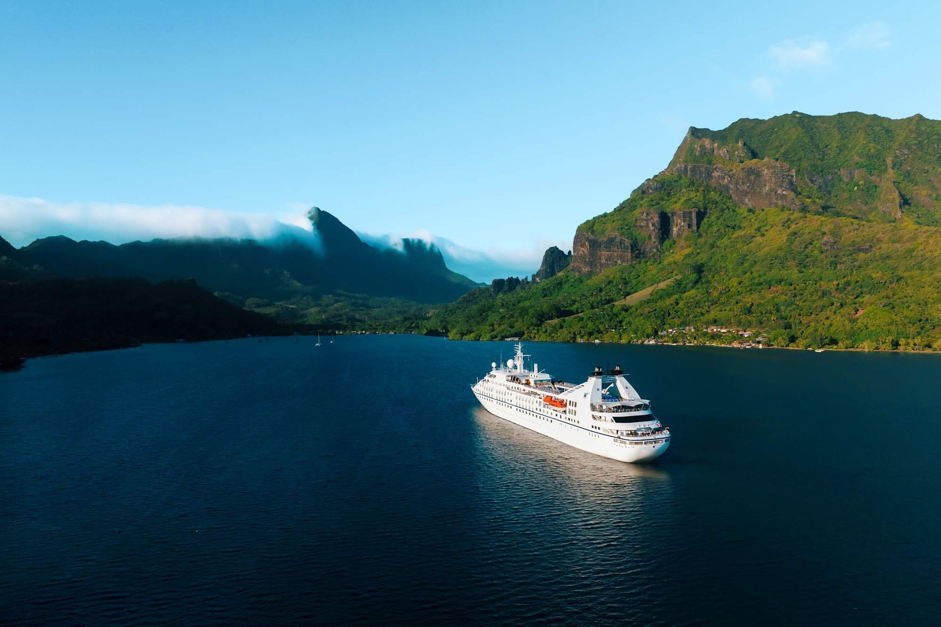 Cruise ship sailing in blue ocean near lush green mountains under a clear sky.